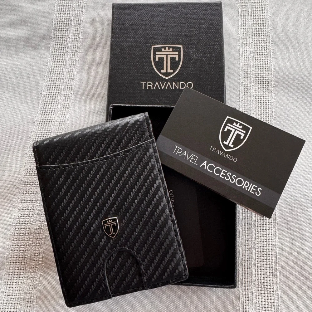 Travando Mens Slim Bifold Wallet Carbon Fiber Money Clip Black ID Window Boxed